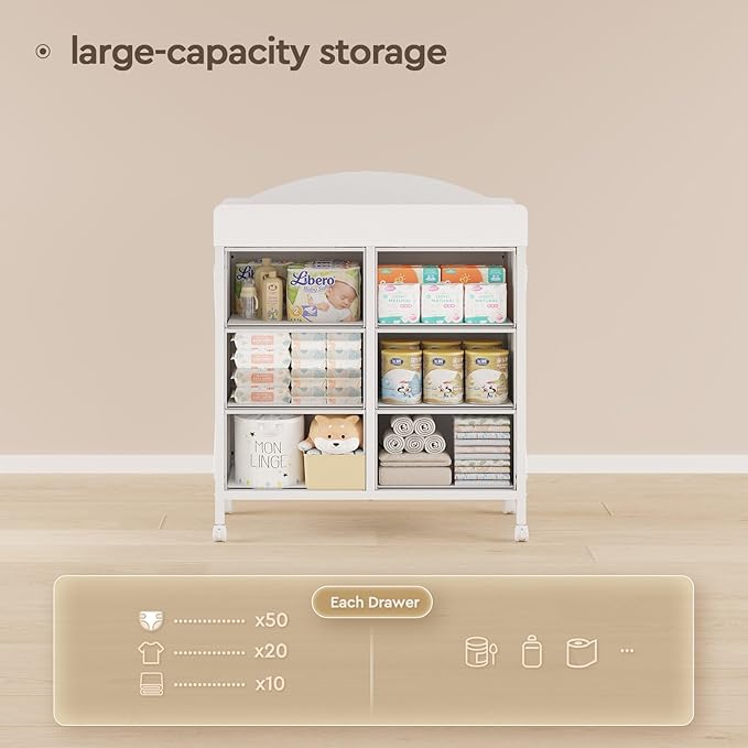 Baby Changing Table Dresser with Wheels, 6-Fabric Drawer Baby Dresser with Changing Table Top, Waterproof Diaper Changing Station & Pad, Mobile Storage Unit, Compact Baby Furniture, White