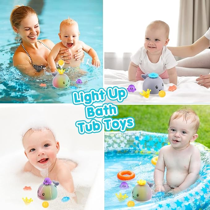 Gigilli Baby Bath Toys with 4 Modes, Bath Toys for Kids Ages 1-3, 1 Year Old Boy Girl Valentines Gifts for Babies 6-12-18 Months, Light Up Whale Bath Toy Toddler Birthday Bathtub Toy