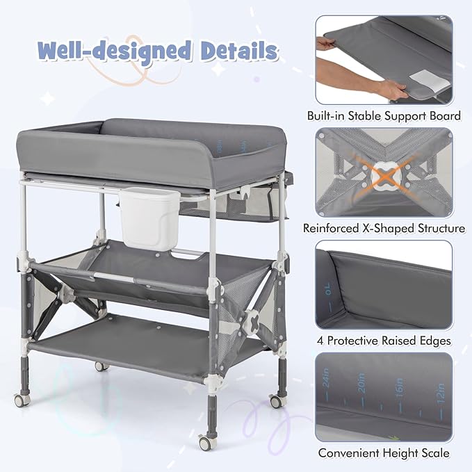 HONEY JOY Changing Table, Foldable Baby Mobile Nursery Organizer w/Wheels, Adjustable Heights, Storage Bag & Shelves, Waterproof Diaper Changing Station Dresser, Portable for Newborn Infant (Gray)