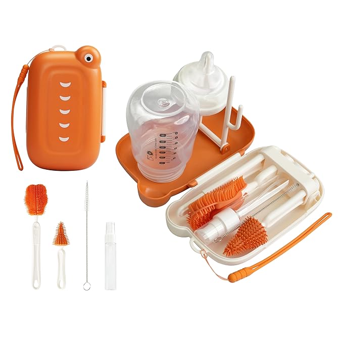 Baby Travel Essential Bottle Brush Set, Baby Bottle Cleaning Kit, Baby Bottle Cleaner Brush Set, 7 in 1, Orange