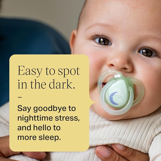 Tommee Tippee Night Time Pacifier, 6-18 Months, Symmetrical Silicone Baglet, BPA-Free Binkies, Glow in The Dark Technology, Blue Rainbow, Pack of 6