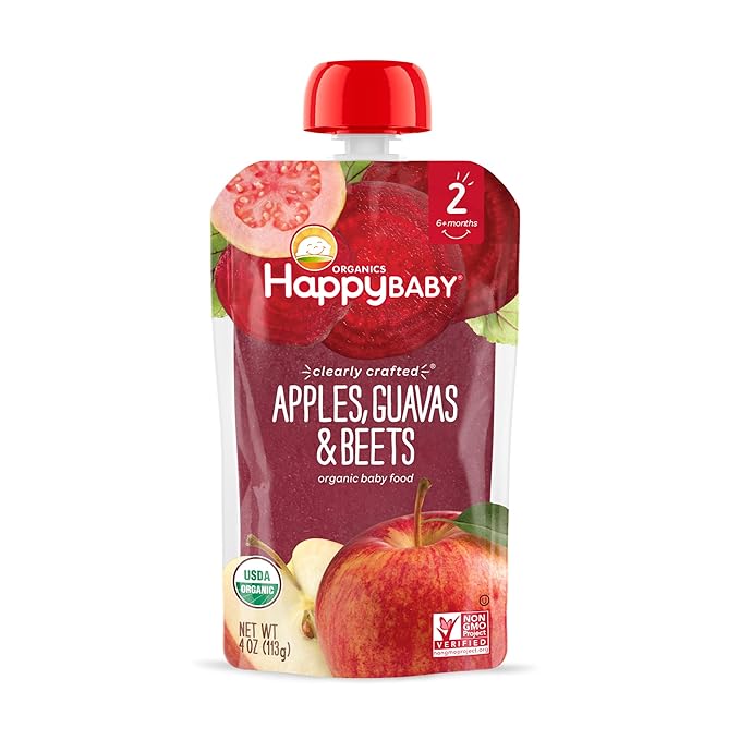 Happy Baby Organics Stage 2 Baby Food Pouches, Gluten Free, Vegan & Healthy Snack, Clearly Crafted Fruit & Veggie Puree, Apples, Guavas & Beets, 4 Ounces (Pack of 16)