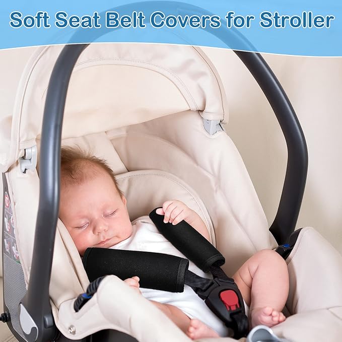 Riakrum 4 Pcs Baby Car Seat Belt Covers Soft Car Seat Straps Shoulder Pads for Kid Infant Stroller Strap Covers Safety Belt Cushion Pads for Boy and Girl(Black,5.7 x 2.6 Inch)