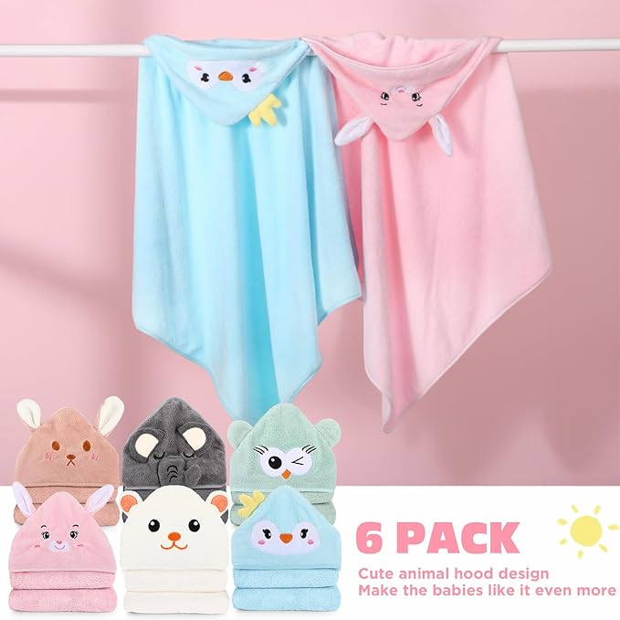 6 Pack Baby Hooded Towels Coral Fleece Baby Bath Towels 31.5 x 31.5 Inch Soft Absorbent Hooded Bath Blanket for Newborn Toddler Infant Boy Girl Shower Gift Supplies(Multicolor,Vivid)