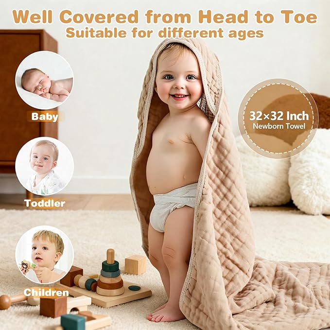 Hooded Baby Bath Towels for Newborn, 2 Pack - 6-Layer 100% Muslin Cotton, Soft Absorbent Hooded Towel with Hood for Babies, Infants & Toddlers, Large 32x32 Inch Unisex Newborn Baby Bath Essentials