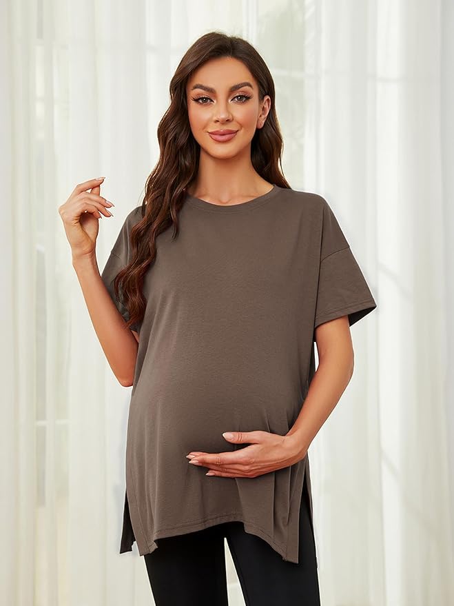 Ecavus Women's Casual Maternity Shirts Split Side Pregnancy Tops Blouses Short Sleeve Loose Fit Maternity Clothes