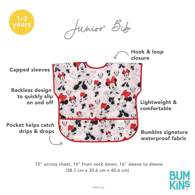 Bumkins Disney Short Sleeve Bib for Girl or Boy, Toddler and Kids for 1-3 Years, Large Size, Essential Must Have for Junior Children, Eating, Mess Saving Soft Fabric Apron for Play, Minnie Mouse