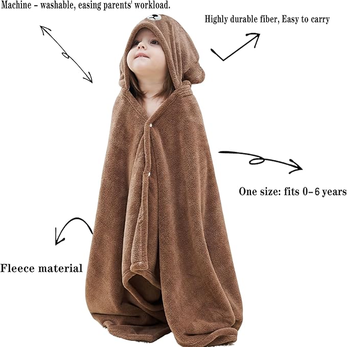 Toddler Bath Towel Baby Towels with Hood 27.5"X55" Ultra Absorbent Soft Bathrobe Blanket Kids Shower Towel for Girls and Boys(Brown Bear)
