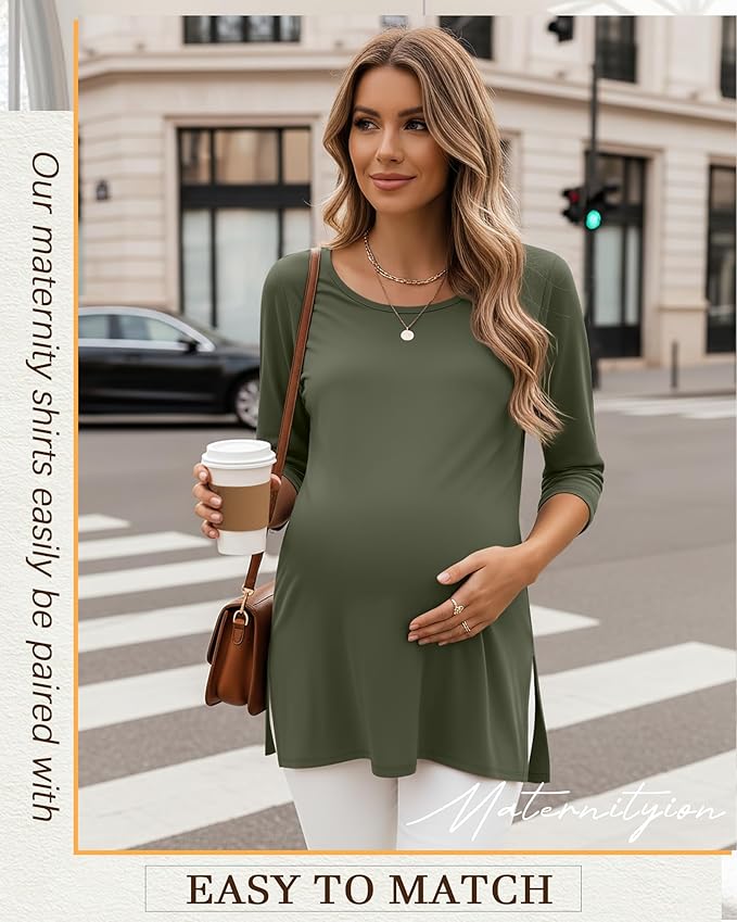 3 Pack Women's 3/4 Sleeve Maternity Shirts Elbow Length Clothes Round Neck Tunics Pregnancy Loose Side Split Tops