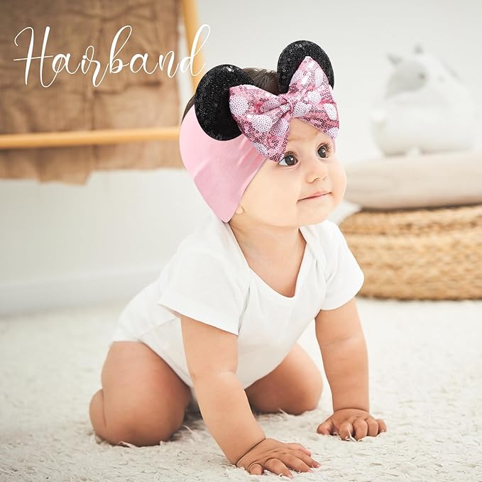 choicbaby Baby Girl Headbands Mouse Ears Headwrap with Sequin Polka Dot Bow Soft Stretchy Nylon Hair Bands for Newborn Infant Baby Toddler Girls- Pack of 2