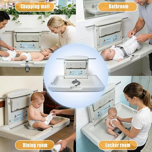 PXNTLA-Wall Mounted Commercial Baby Changing Station, Foldable Diaper Change Table for Public Bathroom with Adjustable Safety Strap, Dual Side Hooks & Foldable Storage Boxes