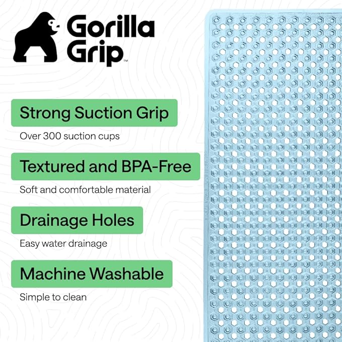 GORILLA GRIP Patented Bath Tub Shower Mat, Machine Washable Bathtub Floor Liner Mats, Suction Cups and Drain Holes to Keep Tubs Clean, Soft on Feet, Bathroom Essentials, 35x16 Inch, Clear Blue