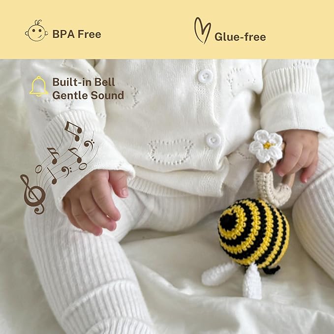 DICHA Crochet Bee Baby Rattle - Sensory Toy for Babies - Ideal for Baby Shower - Includes Beech Teething Ring