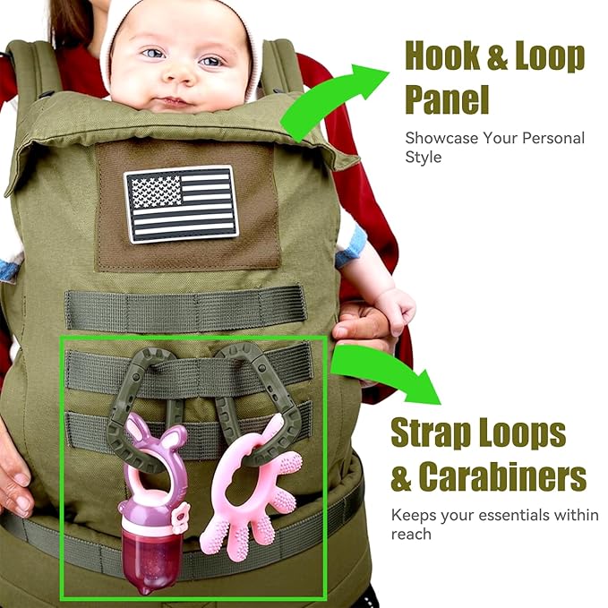 Baby Carrier, Lumbar Support Infant Carrier (0-36M, 8-33 lbs) with Foldable Headrest Carabiners for Big and Tall Parents, Men, Women (Green)