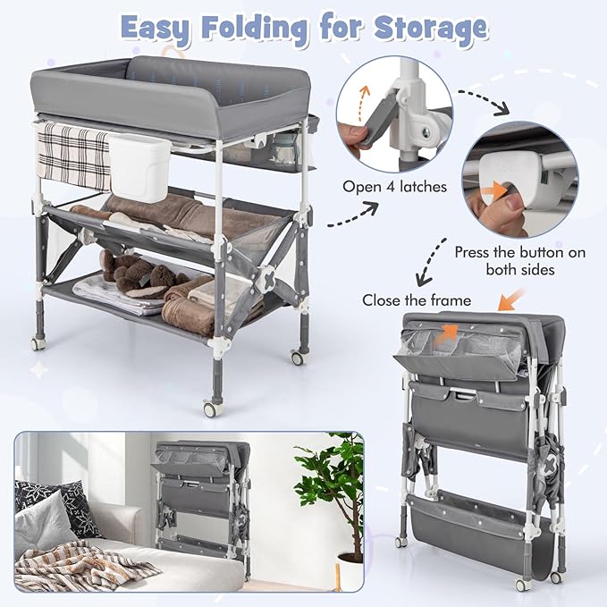 HONEY JOY Changing Table, Foldable Baby Mobile Nursery Organizer w/Wheels, Adjustable Heights, Storage Bag & Shelves, Waterproof Diaper Changing Station Dresser, Portable for Newborn Infant (Gray)