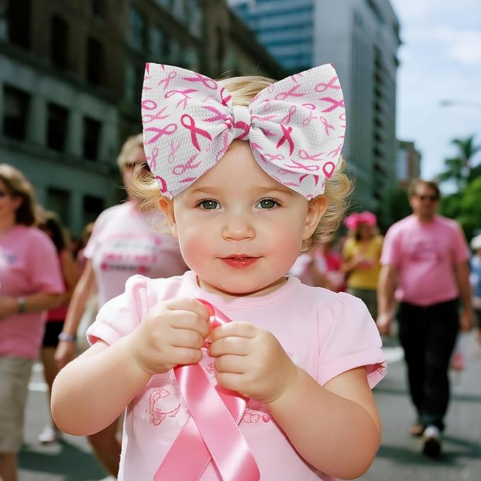 2PCS 7’’ Super Durable Soft Knot Headbands with Hair Bows Pink Ribbon Infant Toddlers Kids Breast Cancer Awareness Hair Accessories