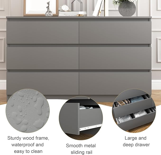 Grey Dresser for Bedroom,48'' Modern 6 Drawer Dresser with Deep Drawer,Storage Wide Chest of Drawers,Wood Bedroom Storage Furniture for Living Room,Closet