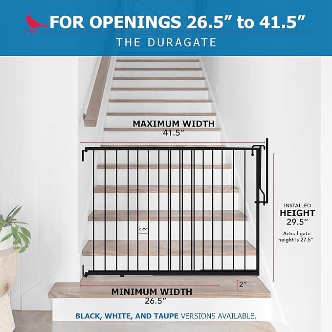 Cardinal Gates MG25 Duragate Baby Gate - Adjustable Dog Gate - Steel Safety Gate for Kids & Pets - 26.5 to 41.5 Inches Wide - Black