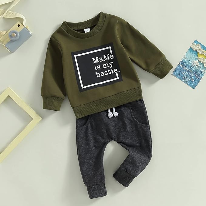 Toddler Baby Boy Clothes Solid Color Long Sleeve Crewneck Sweatshirt Top Casual Pants Set 2Pcs Fall Winter Outfits