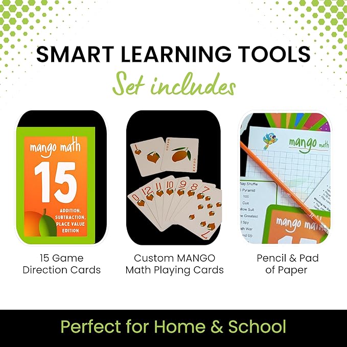 MANGO Math 15® - Math Flash Cards - Educational Math Games for Kids - Addition, Subtraction, Place Value Play & Learning Kit -2nd 3rd 4th Grades - Kids 6-12 - Set of 15 Games - English Version