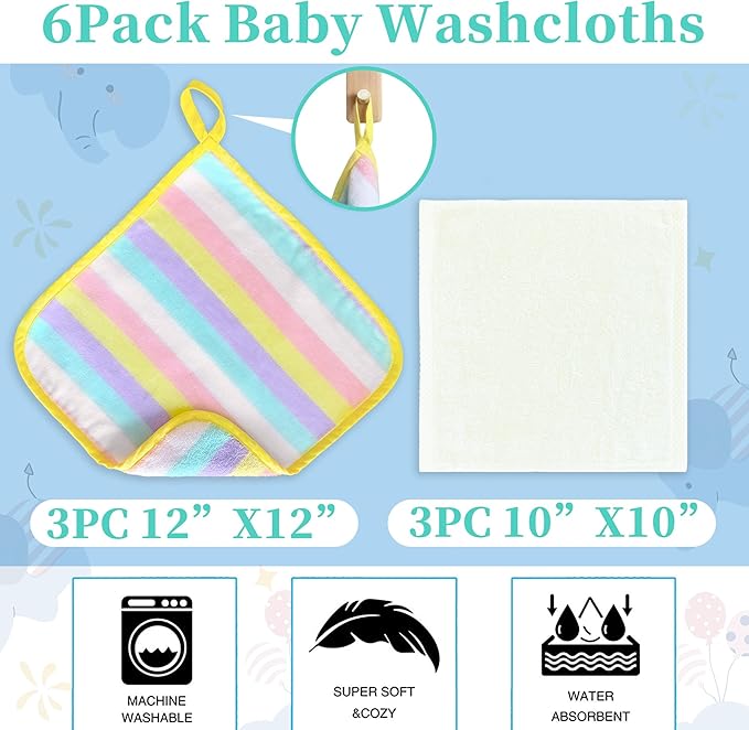 VOOVA & MOVAS Rainbow & Ivory Baby Washcloths | 12x12 Inches | Highly Absorbent | 6 Pack 100% Cotton | Ultra-Soft Newborn Towels | Perfect Set,Baby Essentials |Rainbow & Ivory Colors