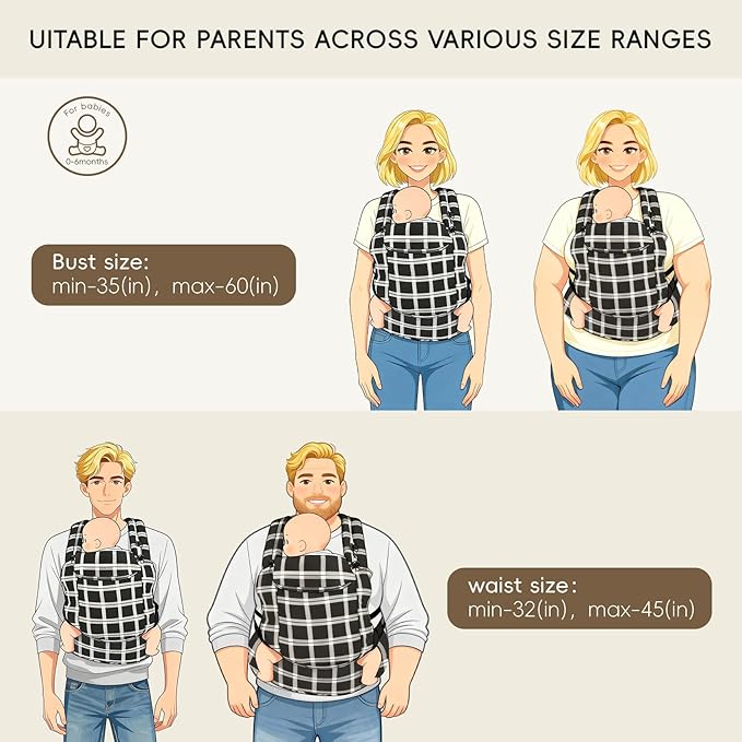 FRUITEAM Baby Carrier, Toddler Carrier with Adjustable Seat Size & Lumbar Support, Ergonomic Baby Carrier Newborn (7-25 Lbs), Easy to Wear, Travel and Hiking Friendly (Black White Check)