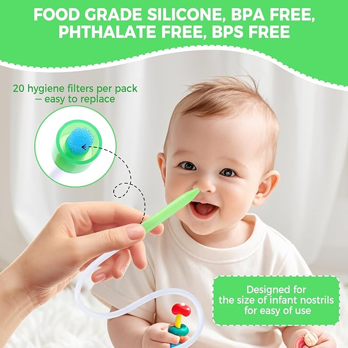 Nasal Aspirator for Baby with 20 Hygiene Filters, Reusable Infant Nose Cleaner, Easy to Use and Clean, 0+Newborn-Portable for Both Travel and Home Use-Green
