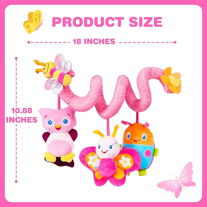 Jollybaby Crib Stroller Car Seat Toys for Baby 0-3-6-9-12 Months, Tummy Time Hanging Sensory Toys for Newborn with Music Box and Teether, Spiral Carseat Toy for Infant Boys Girls Gifts (13-Pink)