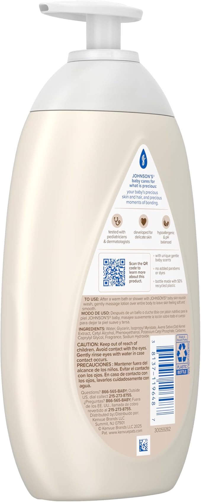 Johnson's Skin Nourishing Baby Lotion, Vanilla & Oat Scents, Hypoallergenic Baby Body Lotion for 72 Hour Hydration Until Baby's Next Bath Moisturizes & Protects from Dryness, 16.9 fl. oz