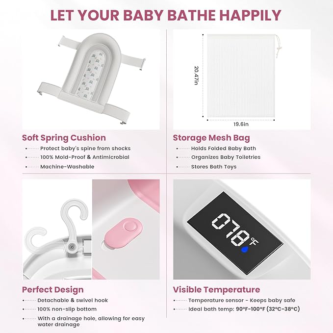 Collapsible Baby Bathtub, Baby Tubs for Newborns with Soft Cushion & Thermometer & Toy Organizer Mesh Bag, Infant Bathtub to Toddler 0-36 Months, Portable Travel Newborn Baby tubs