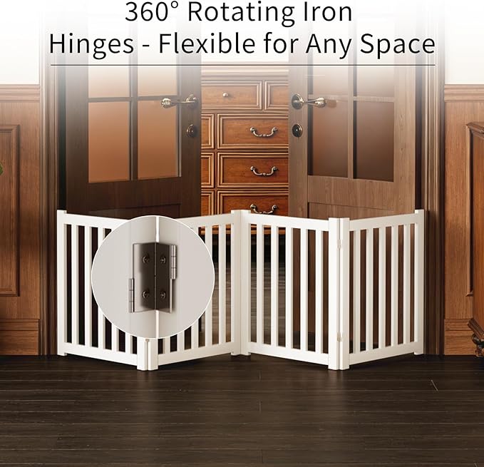 6-Panel Solid Wood Dog Gate - Freestanding Folding Pet Gate for Doorways, Stairs, Indoor, 24" Height, No Installation Needed, White