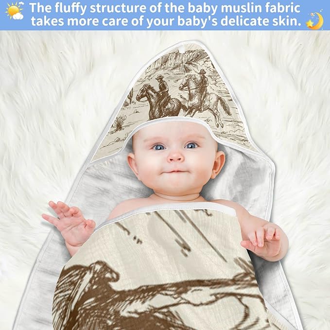 Western Desert Cowboy Baby Towel Ultra Soft Hooded Towels for Babies - Ultra Absorbent Cotton Bath Towels 30x30 Inch