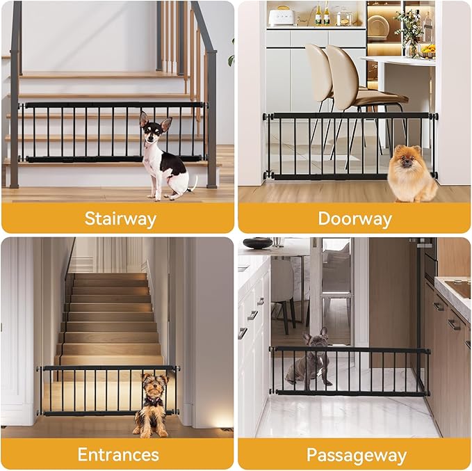 Dog Gate Indoor,18"-45" Adjustable Extra Wide Metal Short Dog Gate to Step Over, 14" Tall Small Pet Gate with 3 Extension Kits, Pressure Mounted for Doorways & Stairs Black