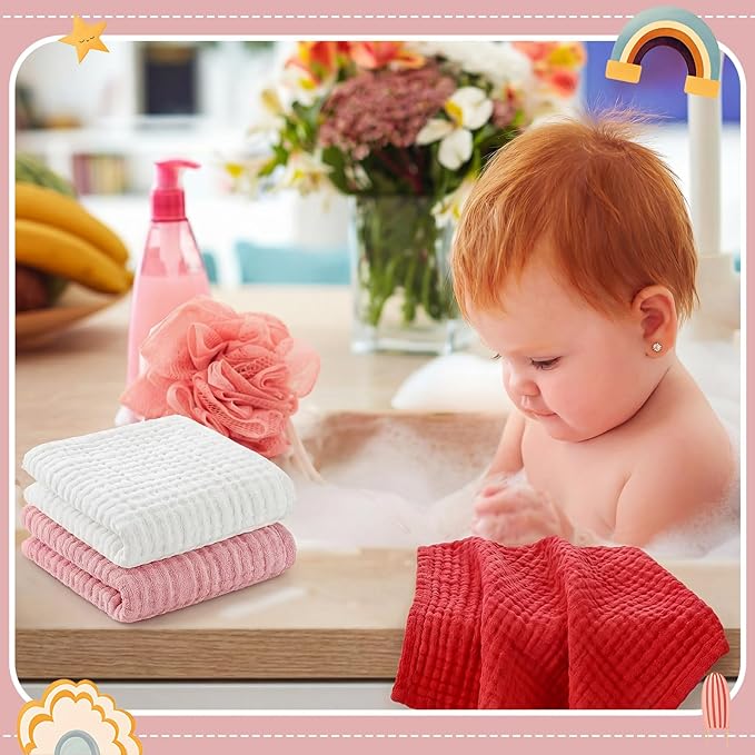 8 Pcs Baby Washcloths for Newborn 12 x 12 Inch Muslin Face Towels Cotton Absorbent for Delicate Skin Soft Muslin Cloth Reusable Baby Registry as Shower Gift, 4 Colors(Rose Red)