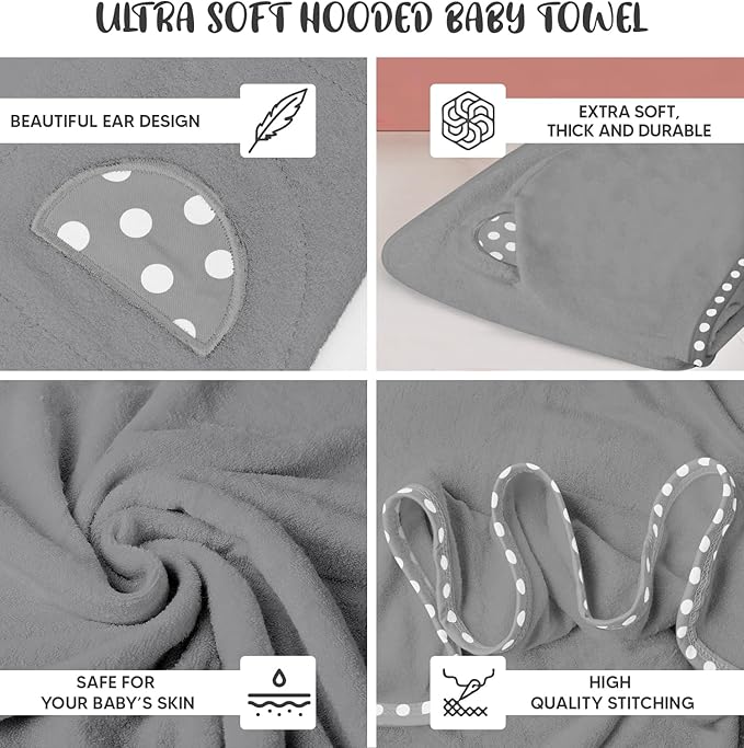 Set of 2 Hooded Baby Towels – Grey – Luxurious, Large and Super Absorbent – 30 x 30 Inch – Soft and Suitable for Infants, Toddlers and Kids – 400 GSM