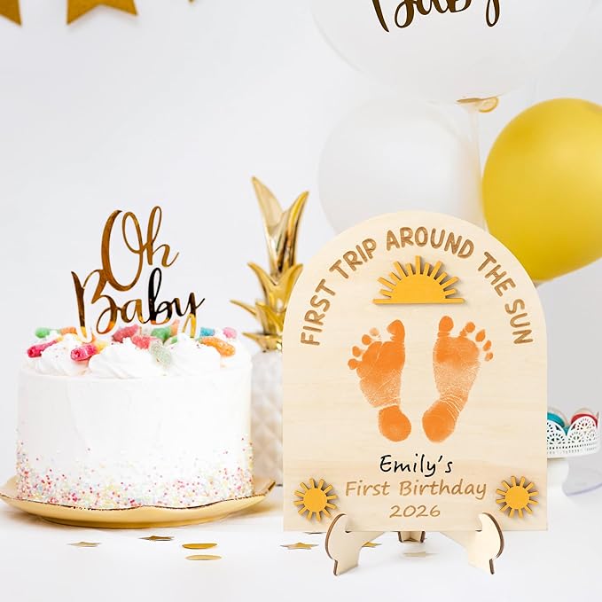 R HORSE 3D Baby's First Birthday Sunshine DIY Footprint or Handprint Art Sign, First Trip Around The Sun Wooden Hanging Decoration, Newborn Keepsake Craft Gift for 1st Birthday Baby Shower Photo Prop