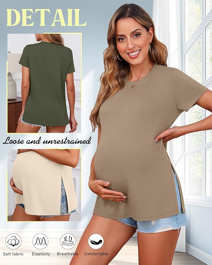 Ficerd 3 Pack Women's Maternity T Shirts, Short Sleeve Side Split Pregnancy Tops Casual Crew Neck Pregnant Tees Mama Clothes