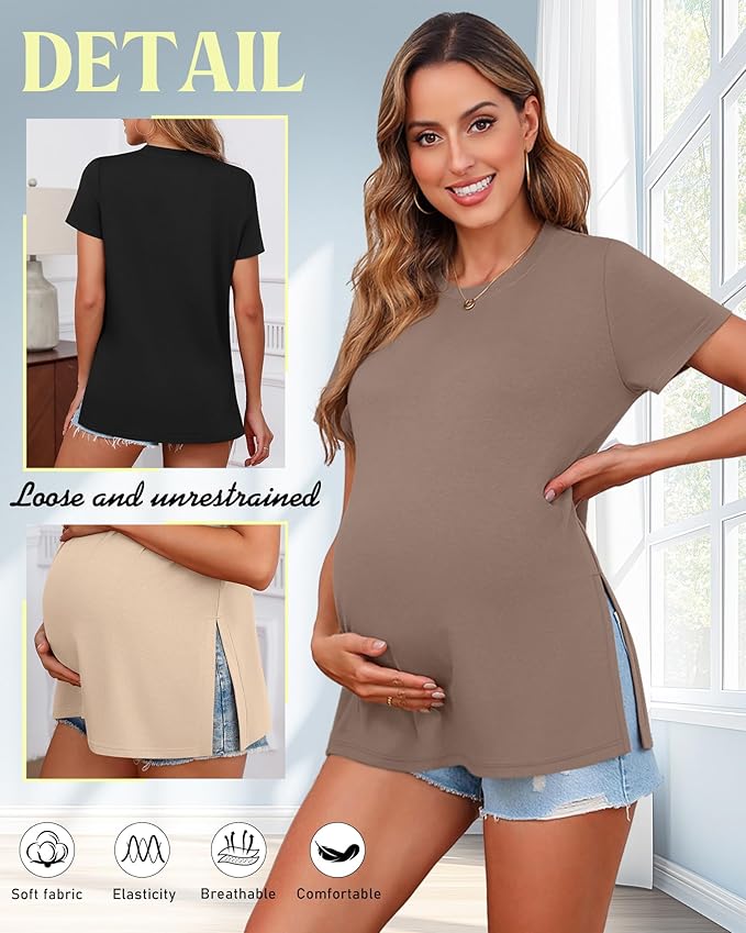Ficerd 3 Pack Women's Maternity T Shirts, Short Sleeve Side Split Pregnancy Tops Casual Crew Neck Pregnant Tees Mama Clothes