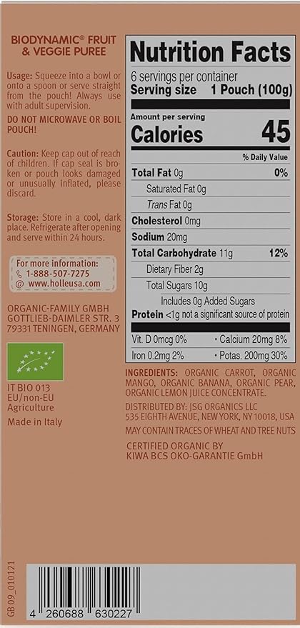 Holle Organic Baby Food Pouches - Carrot Cat Baby Puree with Carrot, Mango, Banana & Pear - (6 Pack) Organic Baby Snacks + Fruit and Veggie Pouches for Weaning Babies 6 Months and Older