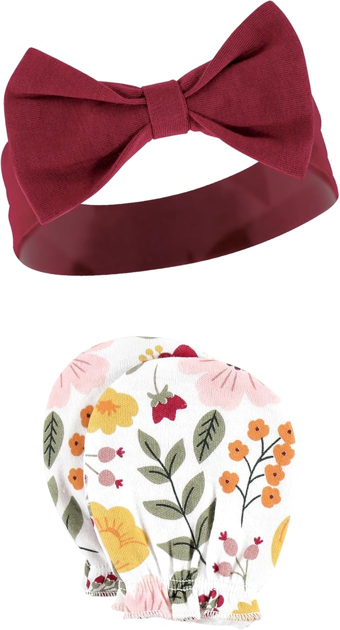 Hudson Baby baby-girls Cotton Headband and Scratch Mitten Set