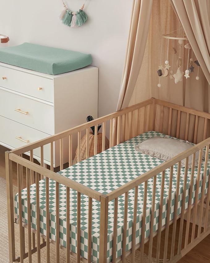 Blissful Diary Muslin Crib Sheets for Girl Boy, Boho Neutral Soft Cotton Baby Sheet for 52''x28'' Standard Crib Mattress, 2 Pack(Sage Checkboard & Sage Green)