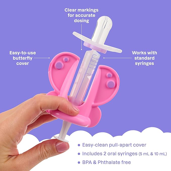 Medicine Dispenser, Butterfly - Liquid Medication Syringe for Newborns, Infants, Babies & Toddlers - Baby Medicine Kit with Pacifier Attachment for Accurate Dosing
