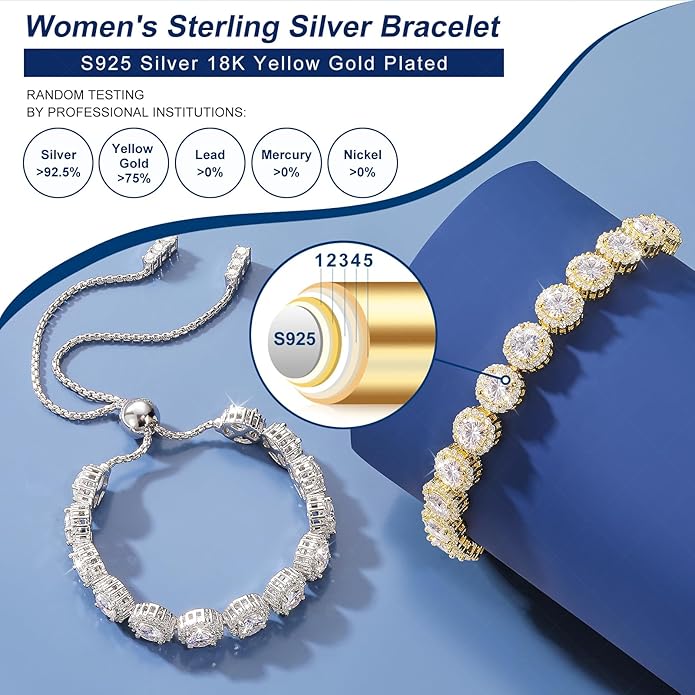Moissanite Halo Bracelet 4.9CT-8.0CT Lab Grown Moissanite Bracelet for Women 18K White Gold Plated S925 Sterling Silver Adjustable Tennis Bracelet 5MM/7.5MM Iced Out Bracelets Cluster Jewelry