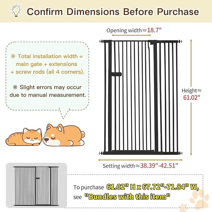 Lumizone Extra Tall Cat Gate 61.02" High Pressure Mounted Extra Wide 2025 New (17 Sizes) 1.37" Gap No Drilling Auto-Close One-Handed Operation Tall Pet Gate for Dogs(Black, 61.02" H x 38.39"-42.51" W)