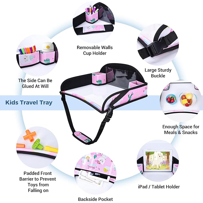 COOLBEBE Kids Travel Tray for Toddler Car Seat, Travel Tray for Airplane, Toddler Car Seat Lap Tray, Carseat Table Tray for Kids Travel Activities (Pink Alpaca)