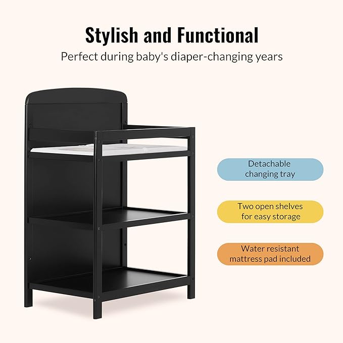 Dream On Me Anna 3-in-1 Convertible Full-Size Baby Crib & Changer with Storage in Black, GreenGuard Gold & JPMA, Pinewood, Converts to Day & Toddler Bed, 3 Mattress Heights, 1″ Changing Pad