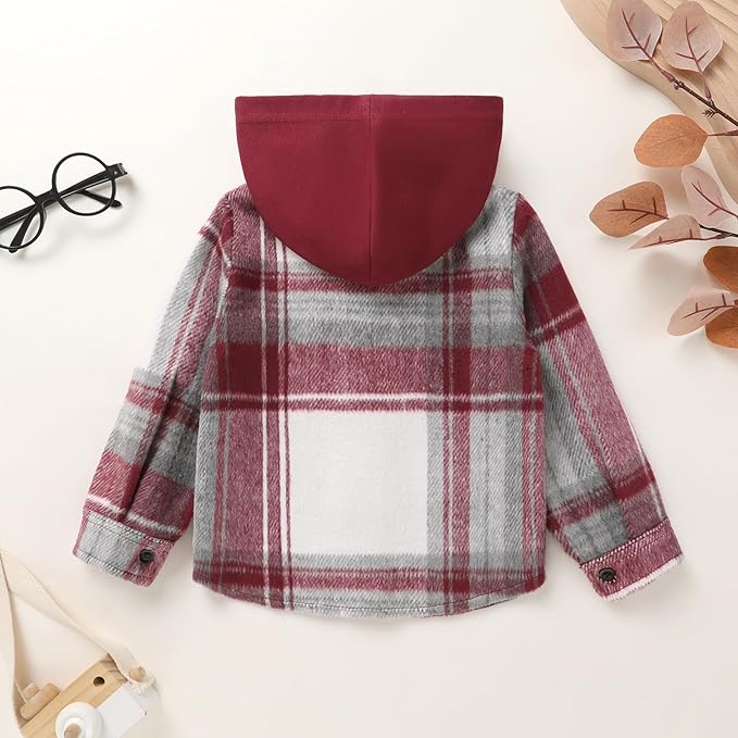 YOUNGER STAR Toddler Kids Boys Girls Flannel Hooded Plaid Shirt Button Baby Red Clothes