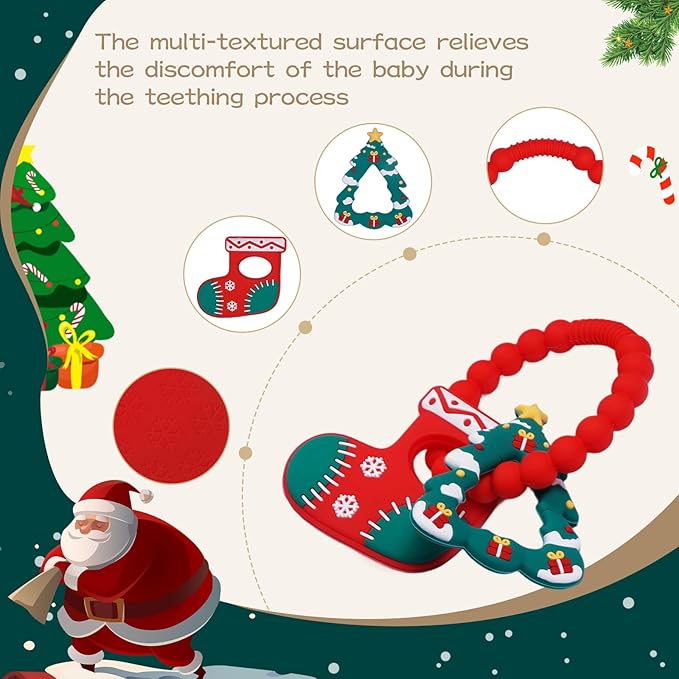 Silicone Baby Ring Toy with Christmas Stocking and Tree Teethers,Must Haves Teething Relief Chew Toys for 0-6,6-12 Months Boys and Girls,Newborns Essentials,Safe and Soft,BPA Free.