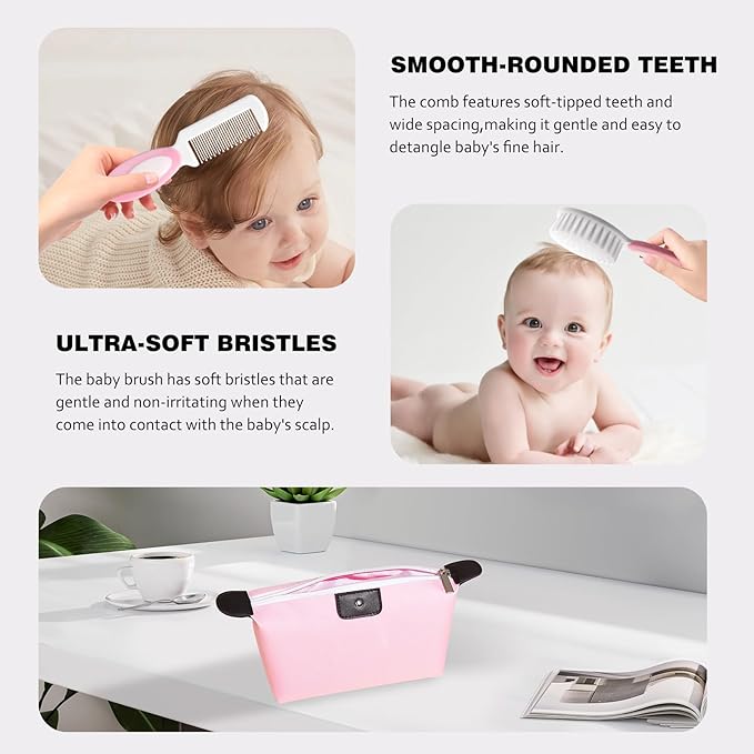 5-Piece Baby Grooming Kit with Multi-Use Storage Pouch - Infant Brush,Rounded Comb,Scissors,Nail Clippers & Emery Board -Essentials for Newborn Care & Travel Pink