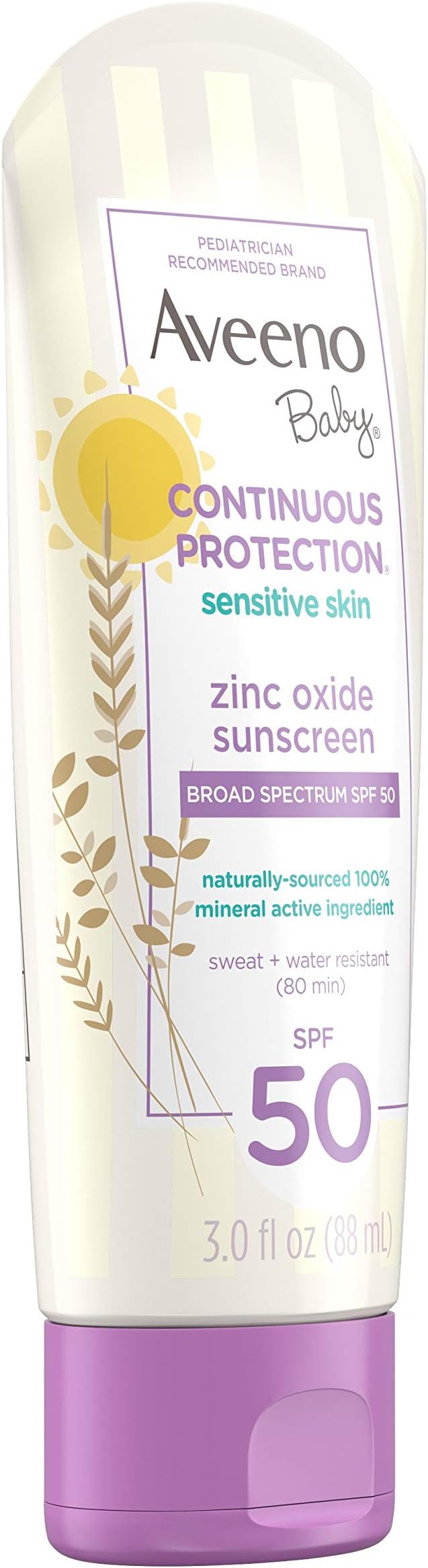 Aveeno Baby Continuous Protection Zinc Oxide Mineral Sunscreen Lotion for Sensitive Skin,Broad Spectrum SPF 50,Tear-Free,Sweat- & Water-Resistant,Paraben-Free,Travel-Size,3 fl. oz,(Pack of 2)